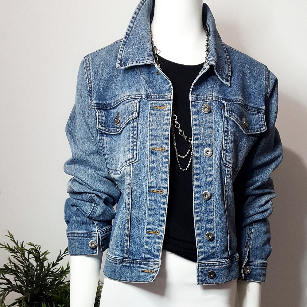 STONE💝 Blue Medium Washed Denim Crop Jacket